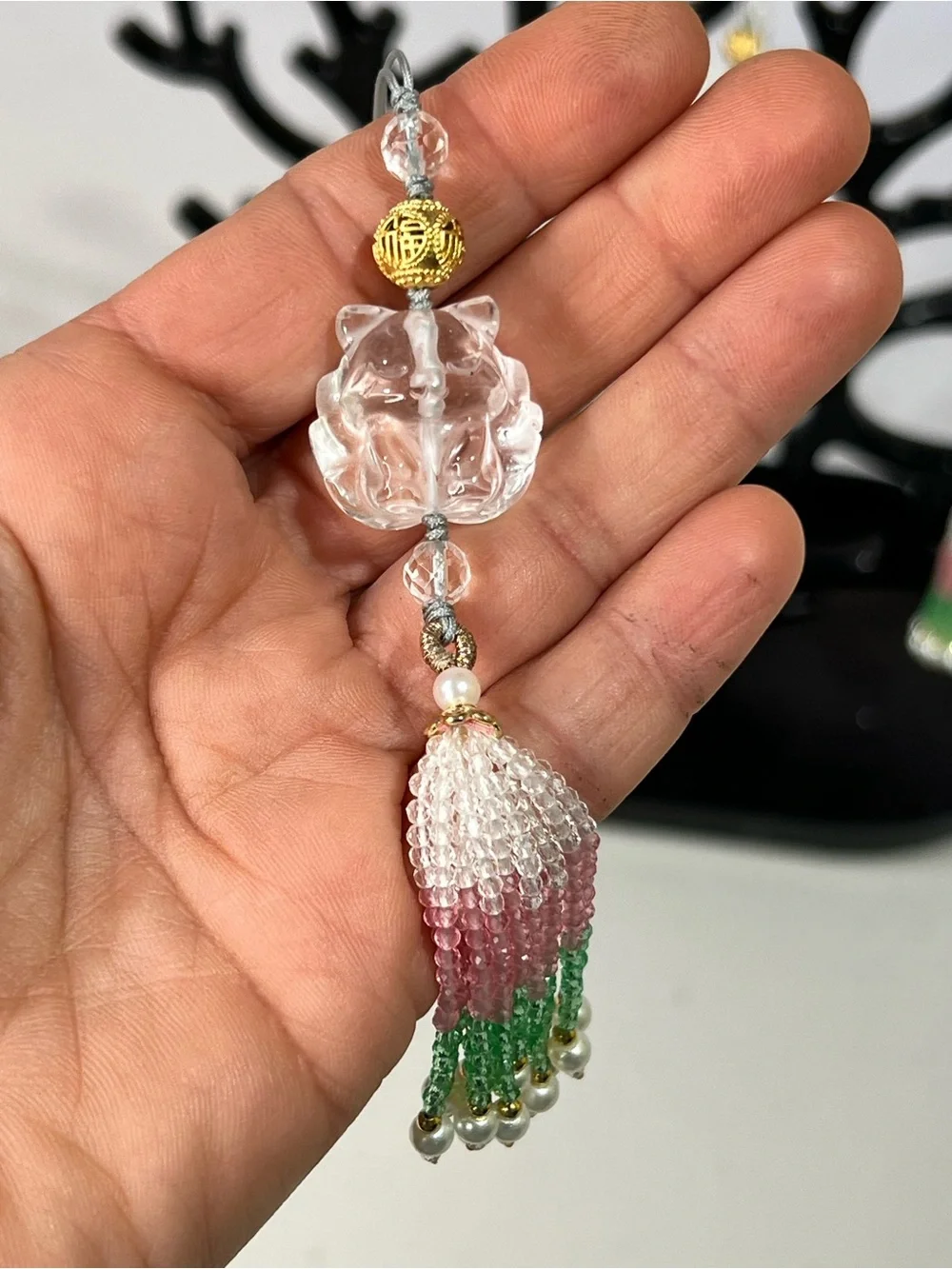 Clear Quartz Crystal 9 tail Fox Tassel Pendant Necklace - Pink, Green & Gold